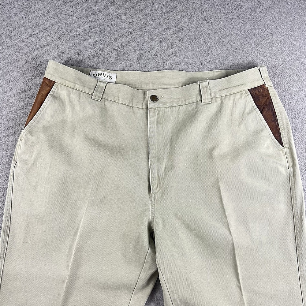 Orvis Zambezi Twill Pants Men's 42x28 Beige Cotton Leather Trim Safari Hunting